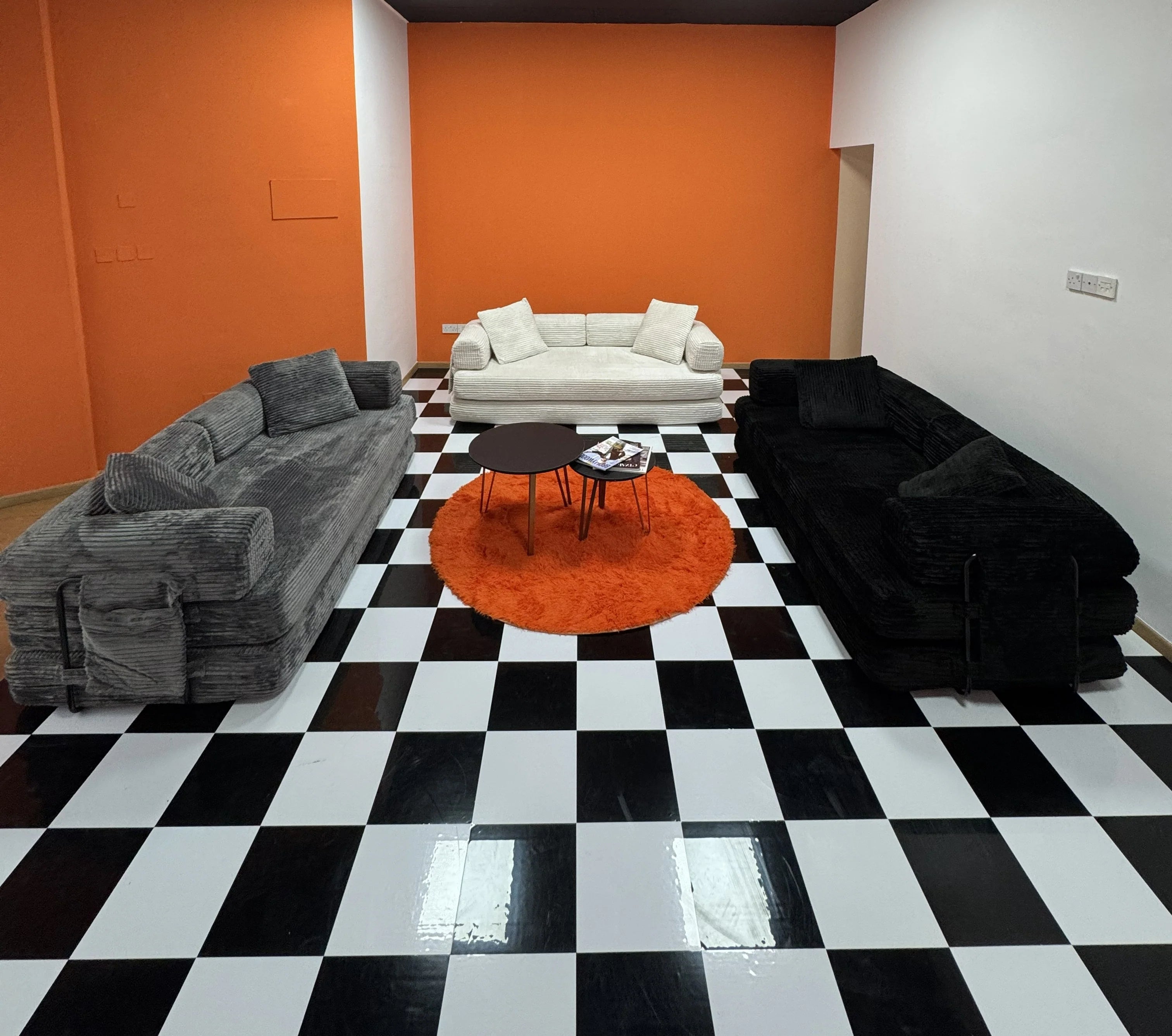 Cream white, stone grey and charcoal black Teddy Sofa Beds in the Sofa2Go Limassol showroom